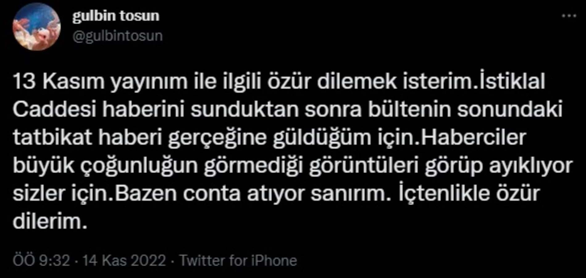 Gülbin Tosun'dan 'Taksim' özrü: "Bazen conta atıyor, içtenlikle özür dilerim"