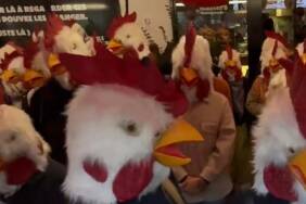 Paris'te aktivistler tavuk maskeleriyle fast food restoranını bastı 1 Paris'te-aktivistler-tavuk-maskeleriyle-fast-food-restoranını-bastı