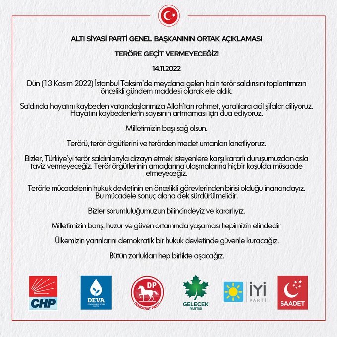 Taksim’deki bombalı saldırı sonrası Altılı Masa’dan ortak açıklama: Asla taviz vermeyeceğiz