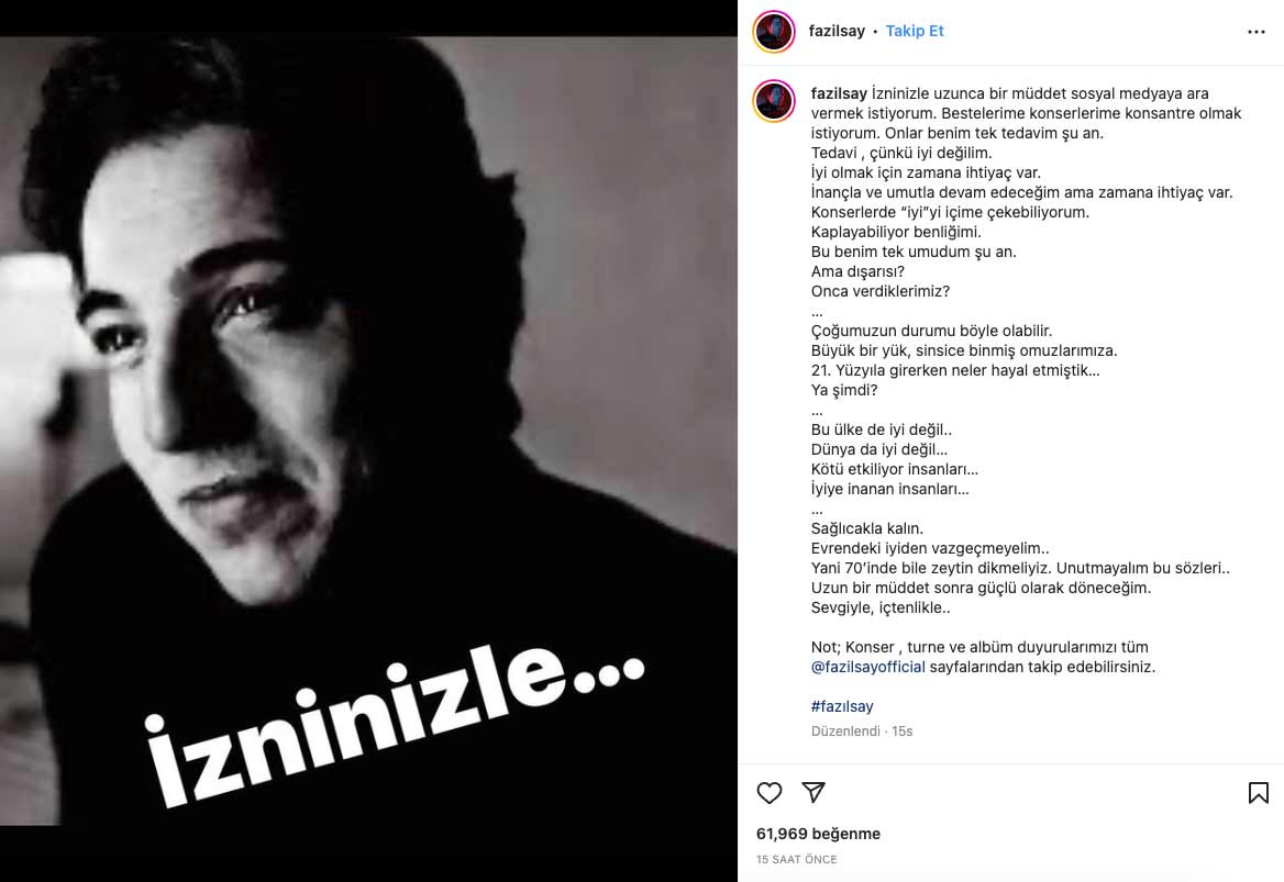 3 yıllık evliliğini sonlandıran Fazıl Say’dan üzücü haber! "Uzun bir müddet sonra güçlü olarak döneceğim"