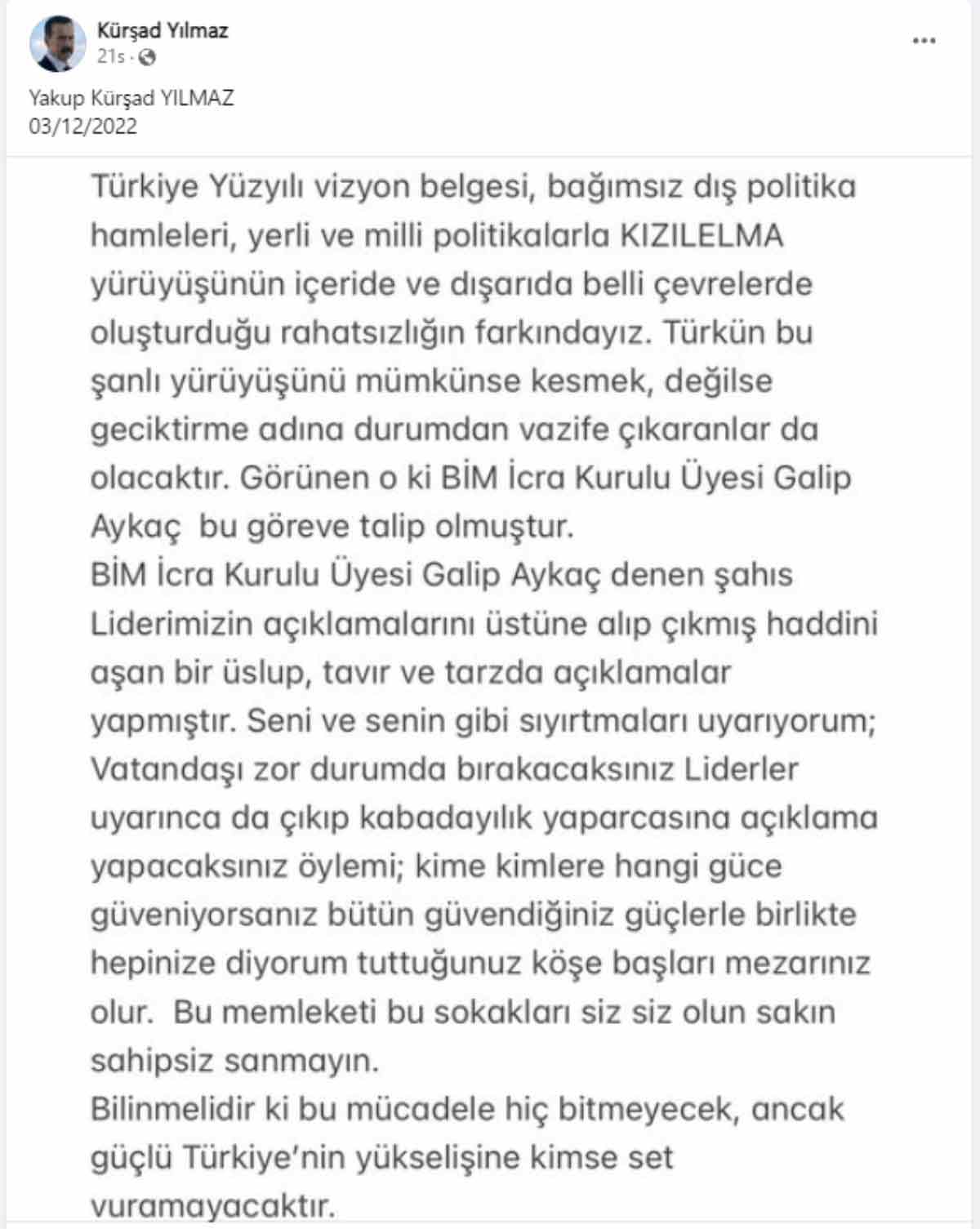 Bahçeli'nin 'kahraman' ilan ettiği Kürşad Yılmaz'dan BİM CEO'suna tehdit: Tuttuğunuz köşe başları mezarınız olur