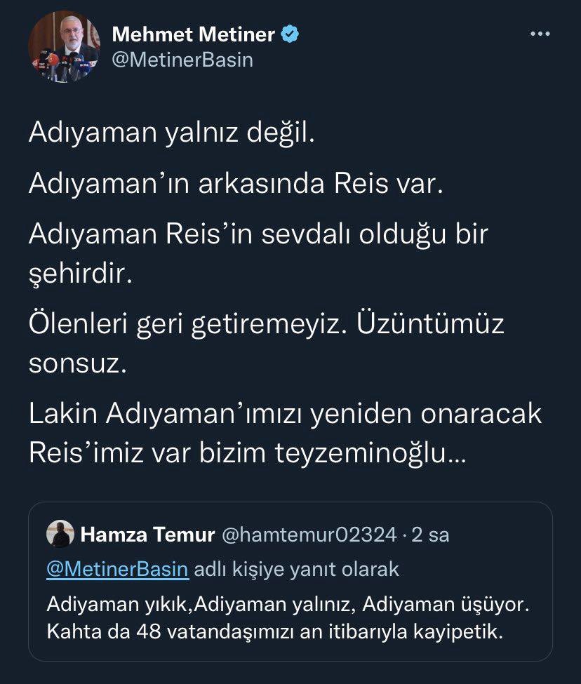 AKP’li Mehmet Metiner’den tepki çeken paylaşım: "Ölenleri geri getiremeyiz lakin Adıyaman'ı yeniden onaracak Reis’imiz var"