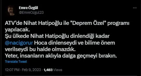 ATV'nin 'Nihat Hatipoğlu ile Deprem Özel' programına tepki yağdı: Planlamalarımızı 'kader' zihniyetiyle yapmamız yetmedi mi?