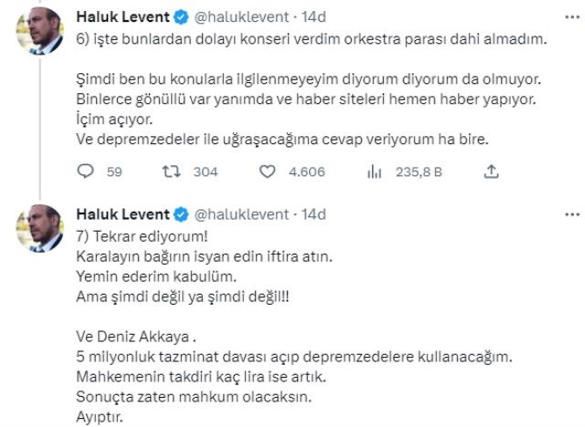 Haluk Levent kendisine ‘Dolandırıcı’ diyen Deniz Akkaya’yı mahkeme veriyor: 5 milyon TL'lik dava açıp depremzedeler için kullanacağım