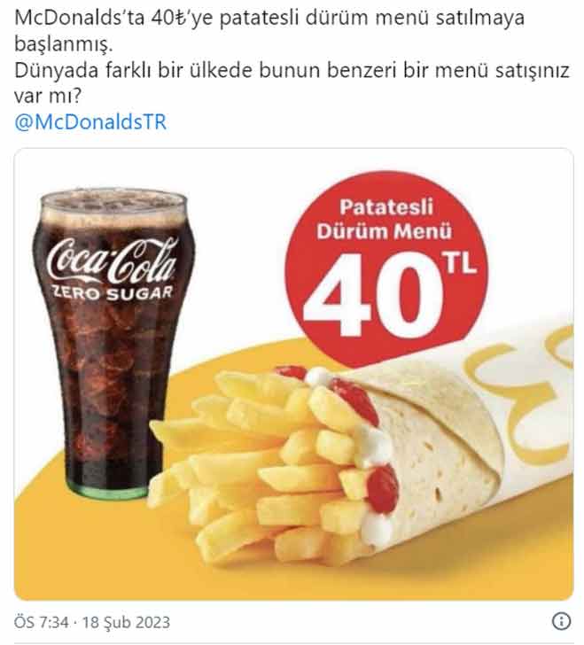 McDonald’s, Türkiye için ‘yoksul’ menüsü çıkardı: Patatesli dürüm menü 40 TL