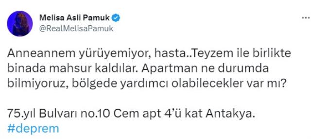 Oyuncu Melisa Aslı Pamuk'tan Kahramanmaraş depremi sonrası yardım çığlığı: "Binada mahsur kaldılar"