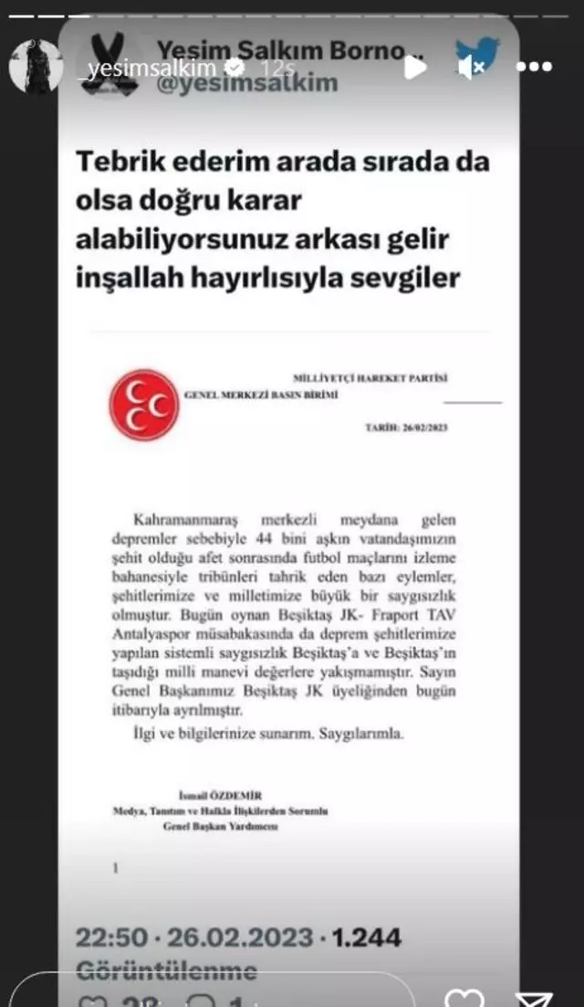 Yeşim Salkım’dan Beşiktaş üyeliğinden istifa eden Devlet Bahçeli’ye: Arkası gelir inşallah