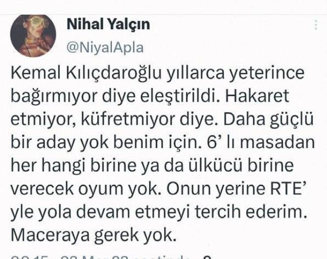 Tamer Karadağlı’yla yaşadığı polemikle çok konuşulan oyuncu Nihal Yalçın: Kılıçdaroğlu'nu aday göstermezseniz Erdoğan'a oy veririm