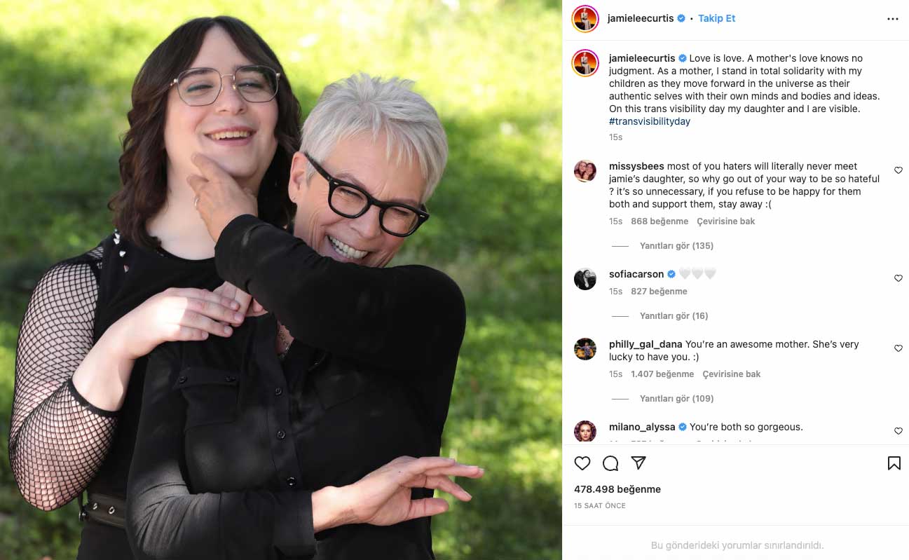 Dünyaca ünlü oyuncu Jamie Lee Curtis'ten trans kızıyla paylaşım: Aşk Aşktır