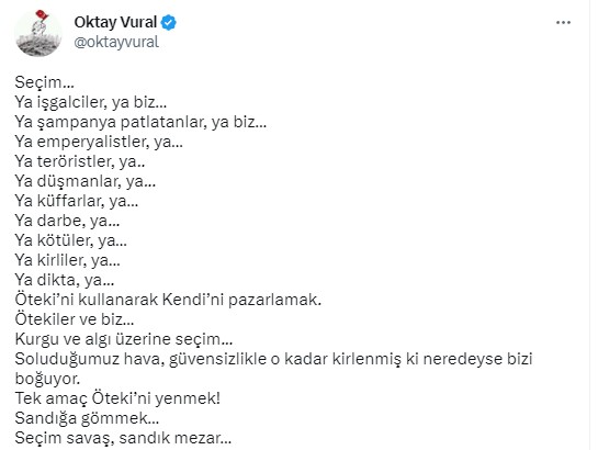 Eski MHP’li Oktay Vural’dan seçim öncesi dikkat çeken paylaşım! "Soluduğumuz hava bizi boğuyor!"