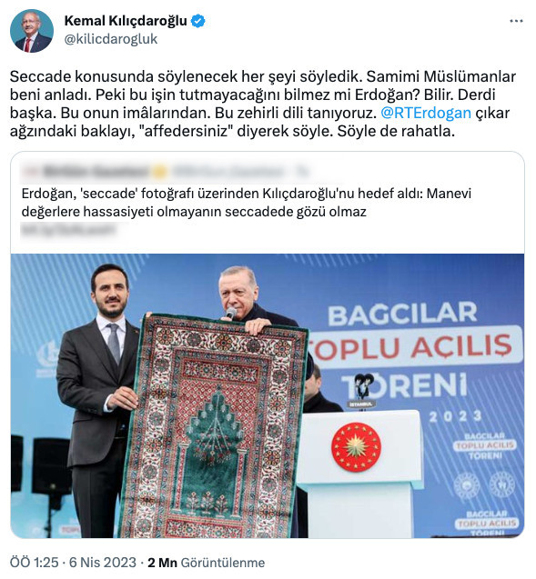 Kemal Kılıçdaroğlu’ndan Erdoğan’a sert ‘seccade’ yanıtı: “Çıkar ağzındaki baklayı…”