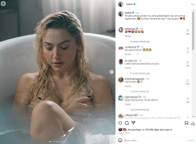 Küvette üstsüz poz veren Hadise’den ‘Feryat’ teşekkürü: Çok konuşulan klibin kamera arkasını paylaştı 1 Küvette üstsüz poz veren Hadise’den ‘Feryat’ teşekkürü: Çok konuşulan klibin kamera arkasını paylaştı