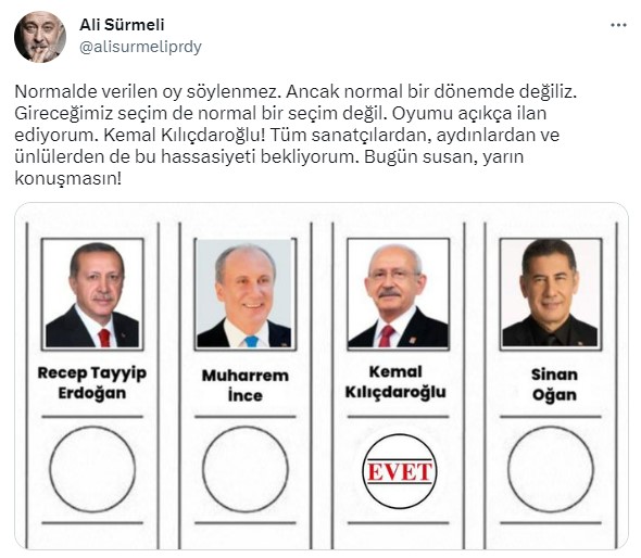 Usta oyuncu Ali Sürmeli 14 Mayıs’ta kime oy vereceğini duyurdu: Oyumu açıkça ilan ediyorum; bugün susan, yarın konuşmasın!