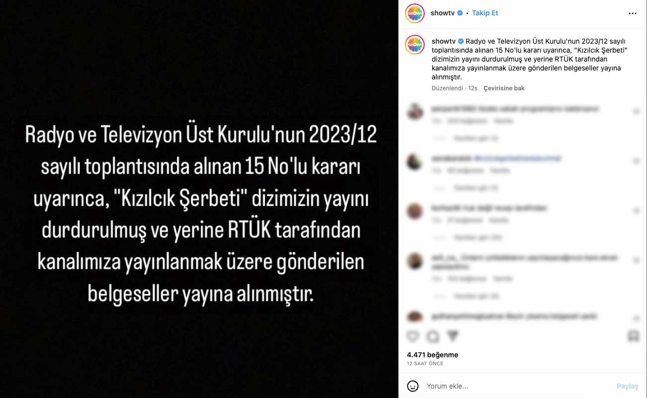 Yayından kaldırılan Kızılcık Şerbeti’yle ilgili Show TV’den açıklama: RTÜK, dizinin yerine yayınlanması için belgesel gönderdi