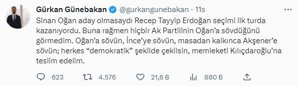 Erdoğan’ı destekleyen Sinan Oğan’ın beğendiği tweet dikkat çekti: Herkes çekilsin, memleketi Kılıçdaroğlu'na teslim edelim