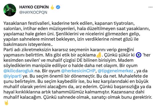 Kılıçdaroğlu’na oy vereceğini açıklayan Hayko Cepkin’den seçim öncesi muhalefete mesaj: Kazansanız dahi muhalif kalacağım