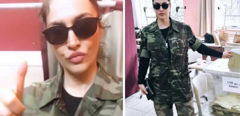 Oy kullanmaya kamuflaj desenli kıyafetle gitti: Tuğba Ekinci kabinden video paylaşarak verdiği oyu gösterdi