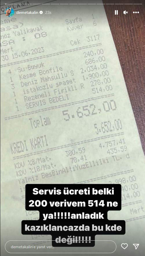 Restoranda 5 bin 652 TL hesap ödeyen Demet Akalın, servis ücretini görünce küplere bindi: Kazıklanacağız da bu kadar değil