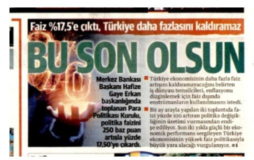 Yandaş Yeni Şafak gazetesi faiz artışını böyle gördü: Bu son olsun!
