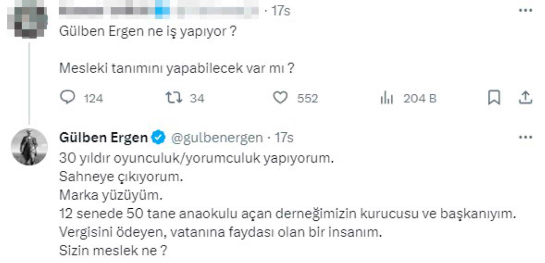 Gülben Ergen'den 'Sen ne iş yapıyorsun?' diyen sosyal medya kullanıcısına olay cevap