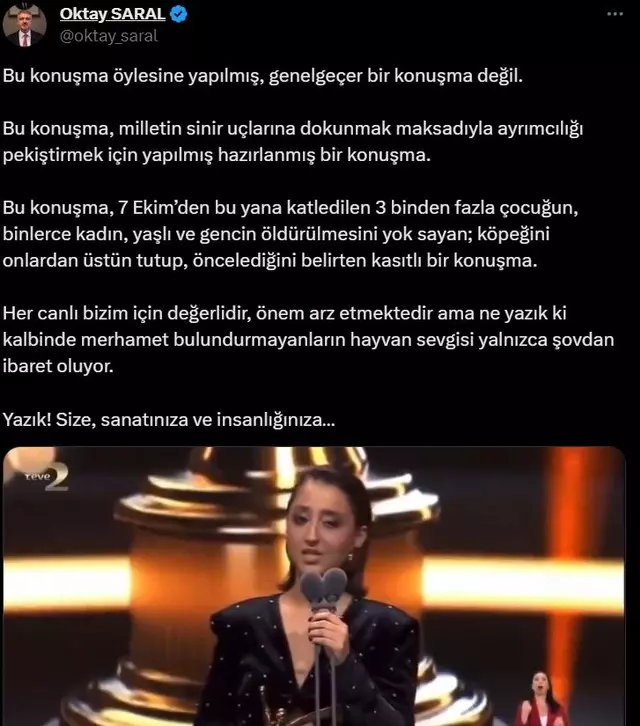 Cumhurbaşkanı Başdanışmanı Oktay Saral'dan Ecem Erkek’in Altın Kelebek konuşmasına tepki! "Yazık! Size, sanatınıza ve insanlığınıza…"