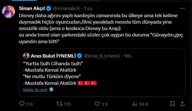 Sinan Akçıl'dan Aras Bulut İynemli'ye tepki! "Disney daha ağırını yaptı kardeşim..."