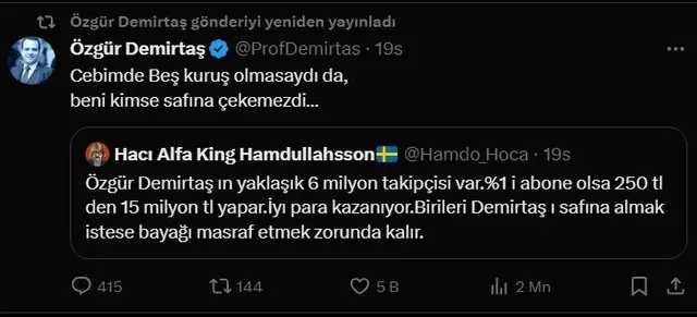 Sosyal medya takipçisi Özgür Demirtaş'ın kazancını hesapladı! "Cebimde beş kuruş olmasaydı da..."
