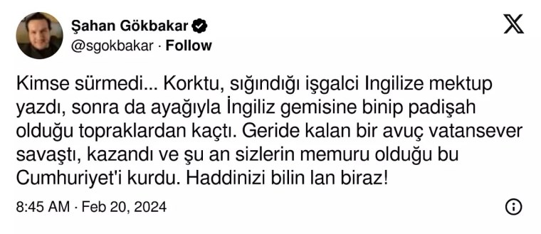 Şahan Gökbakar'dan, Atatürk'e hakaret ve beddua yağdıran Şevki Yılmaz'a tokat gibi yanıt