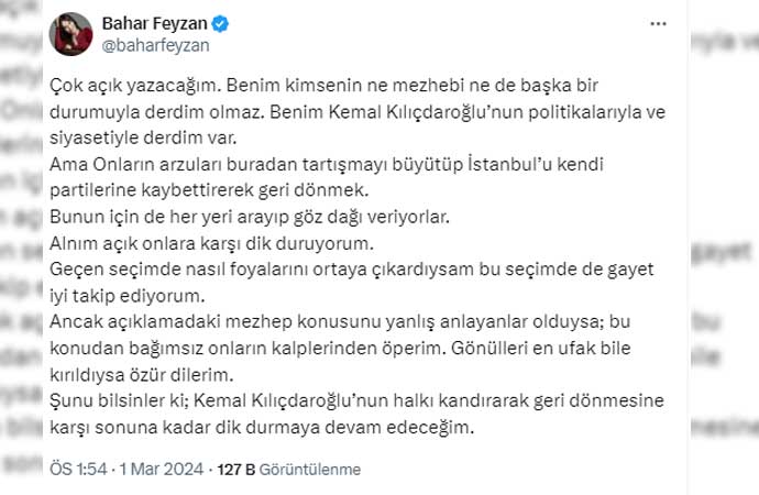 Kılıçdaroğlu'na 'mezhepçi' demişti... Tepki çeken Bahar Feyzan Alevi yurttaşlardan özür diledi