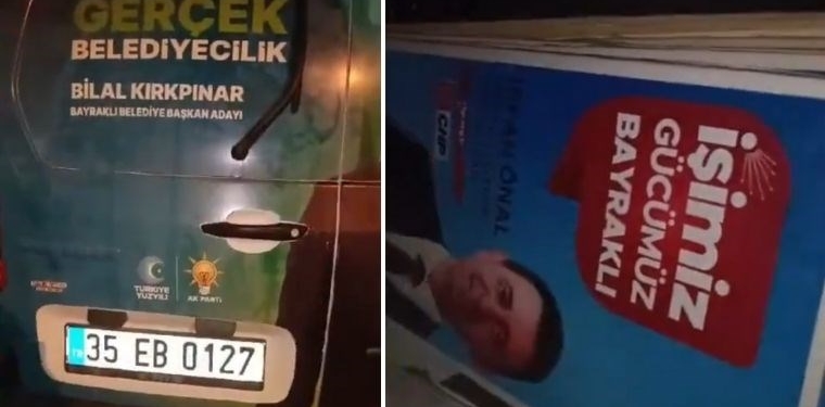 AKP logolu araçlarla CHP’nin pankartlarını söktüler