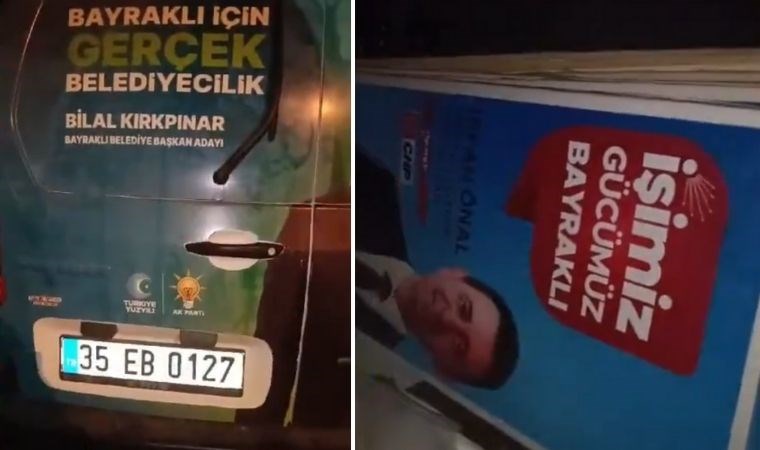 AKP logolu araçlarla CHP’nin pankartlarını söktüler