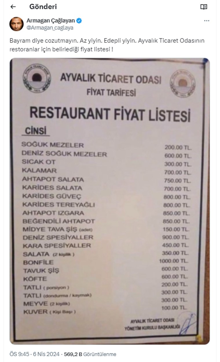 Armağan Çağlayan Ayvalık'taki o fiyat listesini paylaşıp tepki gösterdi: 'Bayram diye cozutmayın'
