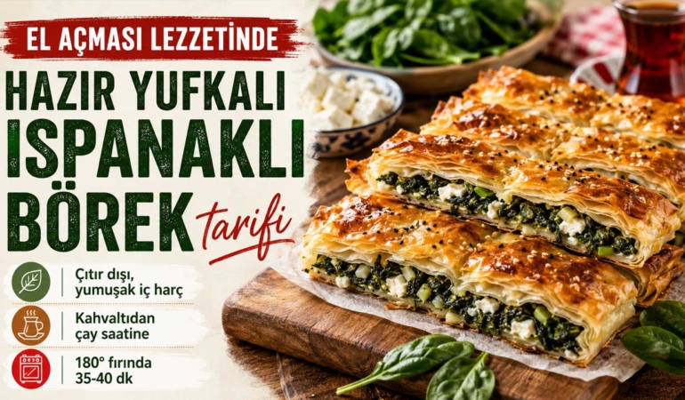 Hazır yufka ile el açması lezzetinde ıspanaklı börek tarifi